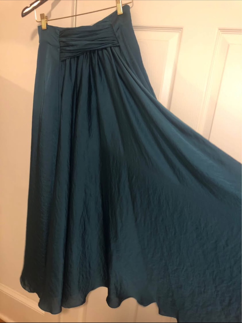 Satin Flowing Teal Maxi Skirt with Gathered Waist
